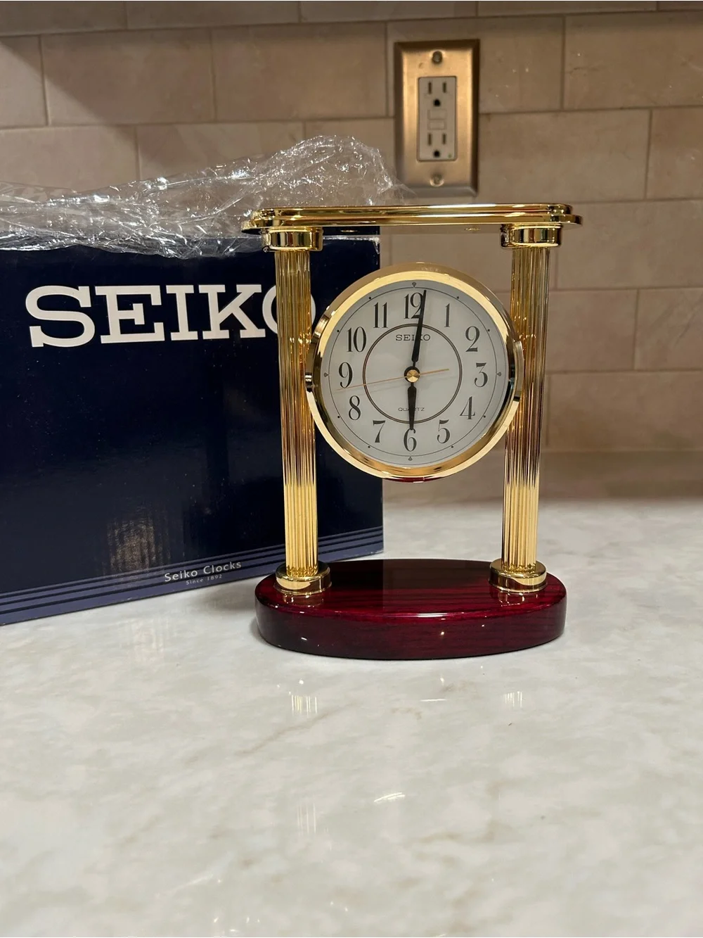 Vintage Seiko Gold and Mahogany Table Clock -